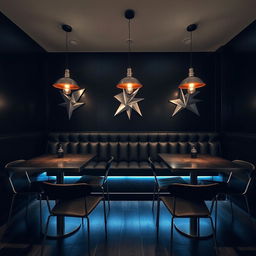 A sleek and modern restobar featuring bold black walls that create a striking and contemporary atmosphere