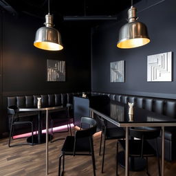 A sleek and modern restobar featuring bold black walls that create a striking and contemporary atmosphere