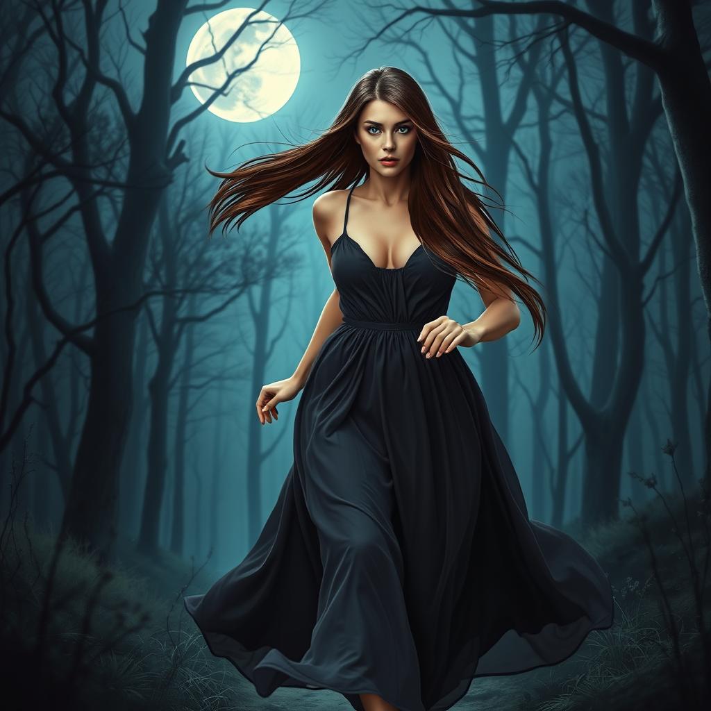 A romantic fantasy book cover featuring a brunette woman with long, straight hair and vivid blue eyes, running alone through a dark and mystical forest at night