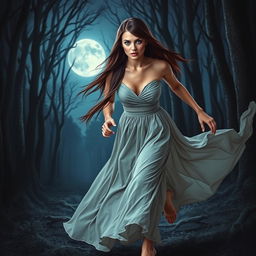 A romantic fantasy book cover featuring a brunette woman with long, straight hair and vivid blue eyes, running alone through a dark and mystical forest at night