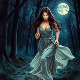 A romantic fantasy book cover featuring a brunette woman with long, straight hair and vivid blue eyes, running alone through a dark and mystical forest at night