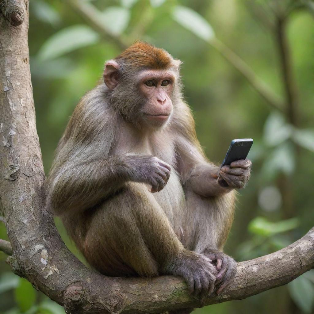 A fun-loving monkey sitting on a tree branch, focusing intensively on a handheld gaming device where the game Fortnite can be seen on screen.