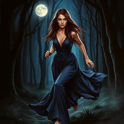 A romantic fantasy book cover featuring a brunette woman with long, straight hair and vivid blue eyes, running alone through a dark and mystical forest at night