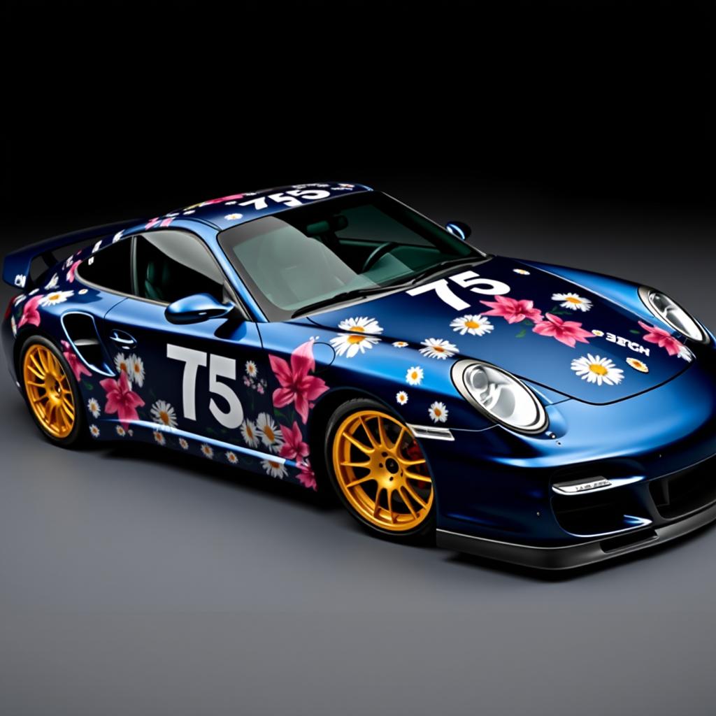 A stunning Porsche 997 Turbo in Midnight Blue Dark Metallic, featuring an intricate wrap with an abundance of daisies and big pink lilies as decorative motifs across its sleek body