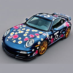 A stunning Porsche 997 Turbo in Midnight Blue Dark Metallic, featuring an intricate wrap with an abundance of daisies and big pink lilies as decorative motifs across its sleek body