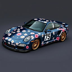 A stunning Porsche 997 Turbo in Midnight Blue Dark Metallic, featuring an intricate wrap with an abundance of daisies and big pink lilies as decorative motifs across its sleek body