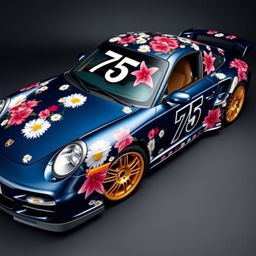 A stunning Porsche 997 Turbo in Midnight Blue Dark Metallic, featuring an intricate wrap with an abundance of daisies and big pink lilies as decorative motifs across its sleek body