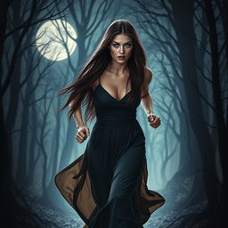 A romantic fantasy book cover featuring a brunette woman with long, straight hair and piercing blue eyes, running alone through a dark, mysterious forest at night