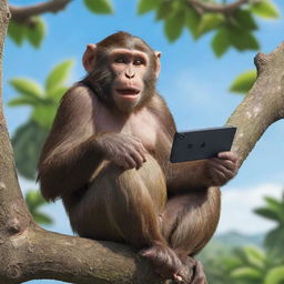 A fun-loving monkey sitting on a tree branch, focusing intensively on a handheld gaming device where the game Fortnite can be seen on screen.