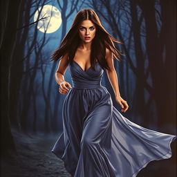 A romantic fantasy book cover featuring a brunette woman with long, straight hair and piercing blue eyes, running alone through a dark, mysterious forest at night