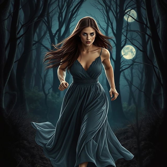 A romantic fantasy book cover featuring a brunette woman with long, straight hair and piercing blue eyes, running alone through a dark, mysterious forest at night