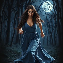 A romantic fantasy book cover featuring a brunette woman with long, straight hair and piercing blue eyes, running alone through a dark, mysterious forest at night