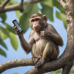 A fun-loving monkey sitting on a tree branch, focusing intensively on a handheld gaming device where the game Fortnite can be seen on screen.