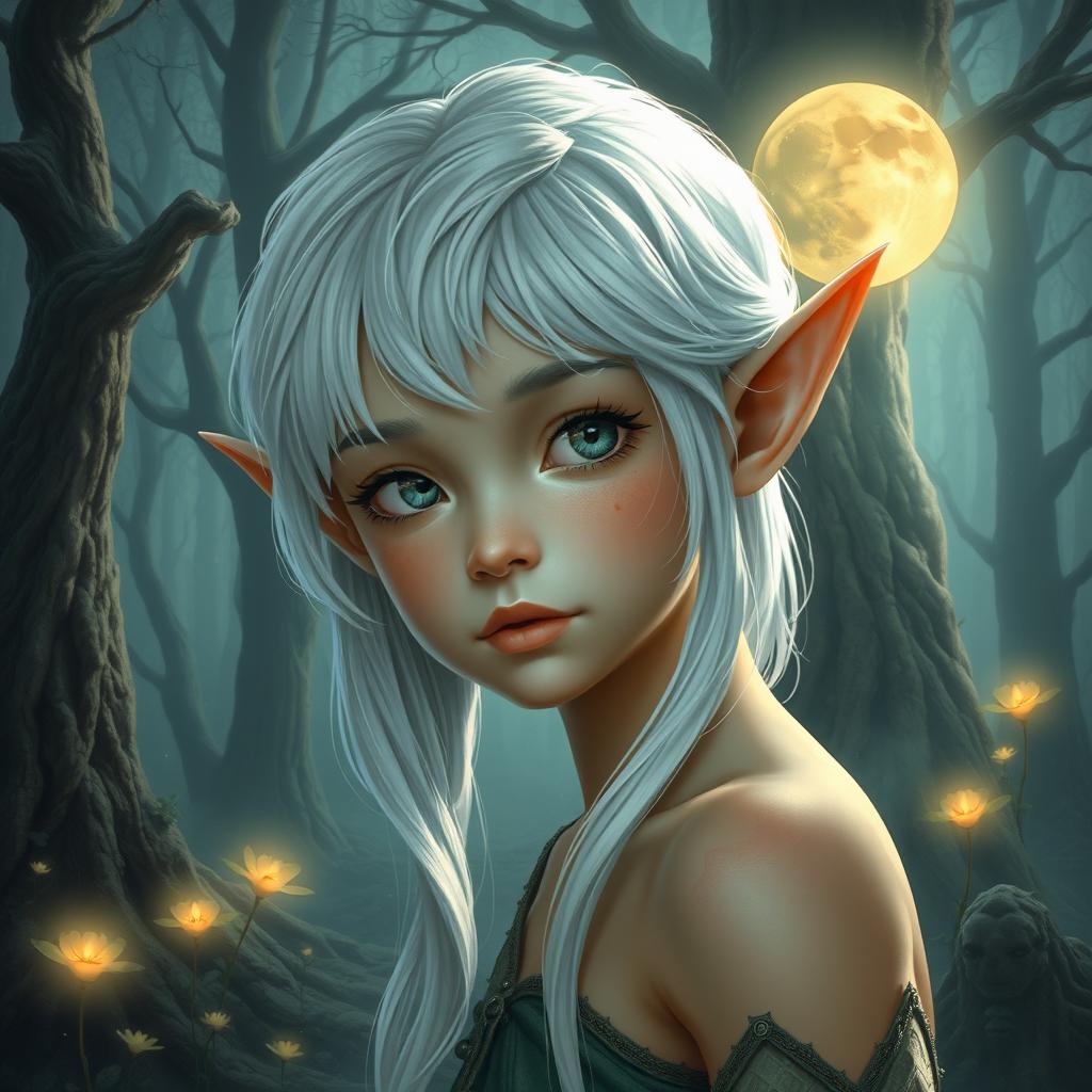 A young elf with striking white hair, shimmering in the moonlight, set against a mystical forest backdrop