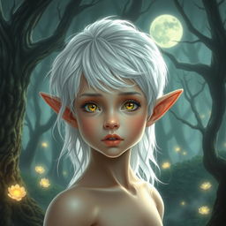 A young elf with striking white hair, shimmering in the moonlight, set against a mystical forest backdrop