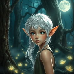 A young elf with striking white hair, shimmering in the moonlight, set against a mystical forest backdrop