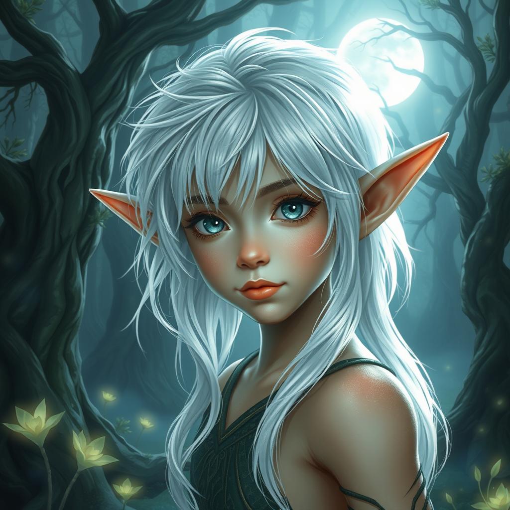 A young elf with striking white hair, shimmering in the moonlight, set against a mystical forest backdrop