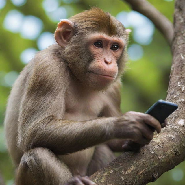 A fun-loving monkey sitting on a tree branch, focusing intensively on a handheld gaming device where the game Fortnite can be seen on screen.