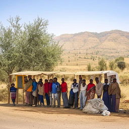 A group of Ethiopian people waiting at a bus stop, set against the backdrop of a rural Ethiopian landscape.