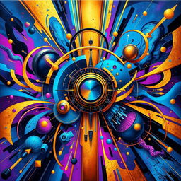 A vibrant and dynamic artwork combining futuristic and abstract elements