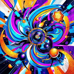 A vibrant and dynamic artwork combining futuristic and abstract elements