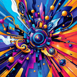 A vibrant and dynamic artwork combining futuristic and abstract elements