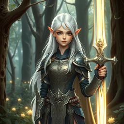 A young elf paladin with striking white hair, wearing intricately designed, shining armor with mystical engravings