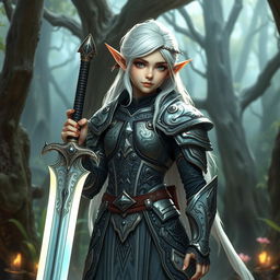 A young elf paladin with striking white hair, wearing intricately designed, shining armor with mystical engravings