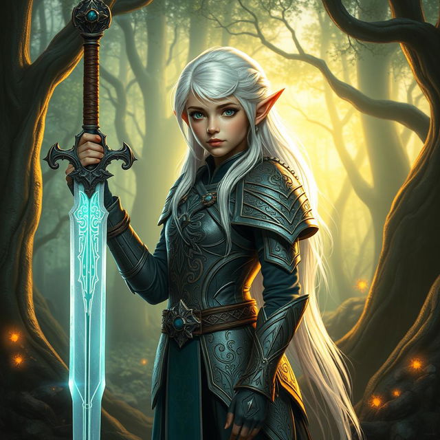 A young elf paladin with striking white hair, wearing intricately designed, shining armor with mystical engravings