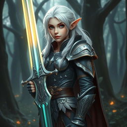 A young elf paladin with striking white hair, wearing intricately designed, shining armor with mystical engravings