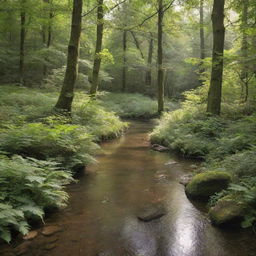 A serene forest glade bathed in soft daylight, complete with dense foliage, towering trees, and a sparkling stream