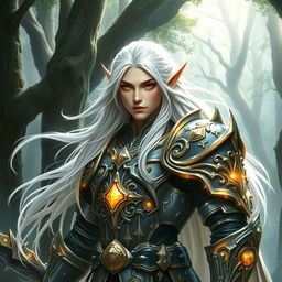 A majestic elf paladin with flowing white hair, clad in intricately detailed, gleaming armor, standing valiantly in a sacred forest