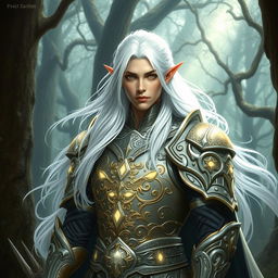 A majestic elf paladin with flowing white hair, clad in intricately detailed, gleaming armor, standing valiantly in a sacred forest