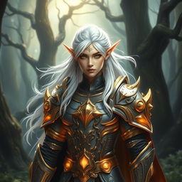 A majestic elf paladin with flowing white hair, clad in intricately detailed, gleaming armor, standing valiantly in a sacred forest