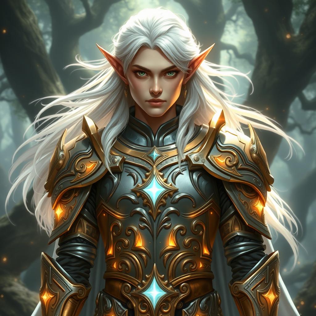 A majestic elf paladin with flowing white hair, clad in intricately detailed, gleaming armor, standing valiantly in a sacred forest