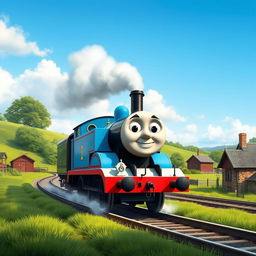 A realistic depiction of Thomas the Tank Engine, the famous anthropomorphic locomotive, on the Island of Sodor