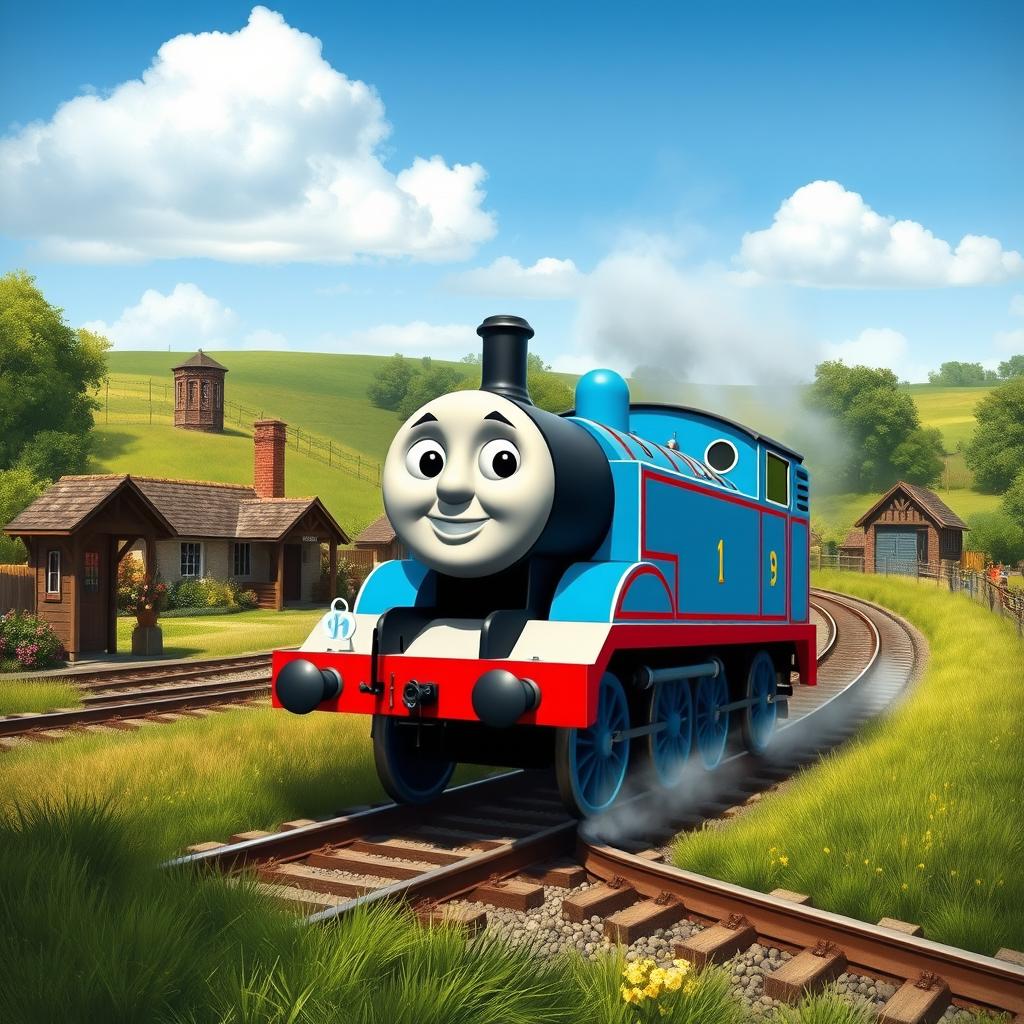 A realistic depiction of Thomas the Tank Engine, the famous anthropomorphic locomotive, on the Island of Sodor