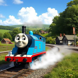 A realistic depiction of Thomas the Tank Engine, the famous anthropomorphic locomotive, on the Island of Sodor