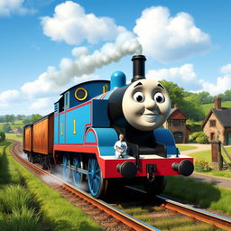 A realistic depiction of Thomas the Tank Engine, the famous anthropomorphic locomotive, on the Island of Sodor