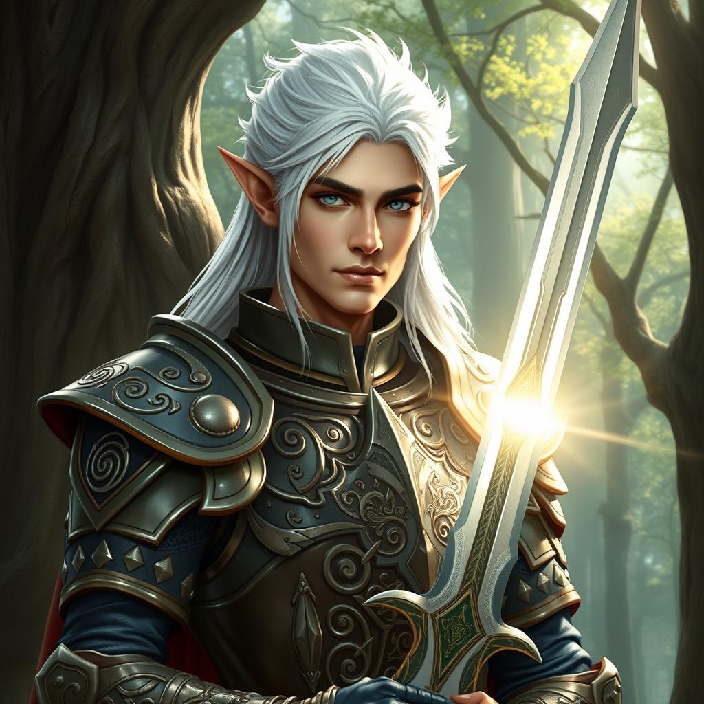 A distinguished male elf paladin with striking white hair, emanating a sense of honor and strength