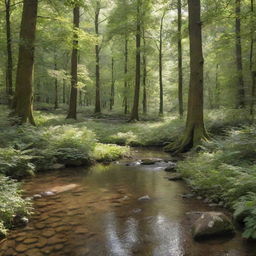 A serene forest glade bathed in soft daylight, complete with dense foliage, towering trees, and a sparkling stream