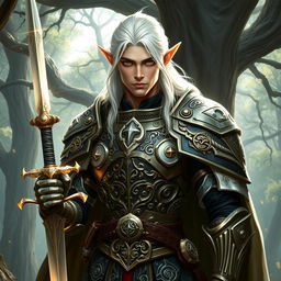 A distinguished male elf paladin with striking white hair, emanating a sense of honor and strength