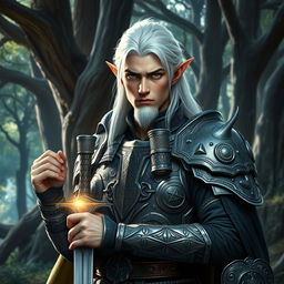 A distinguished male elf paladin with striking white hair, emanating a sense of honor and strength