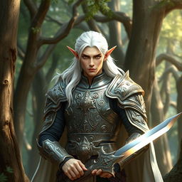 A distinguished male elf paladin with striking white hair, emanating a sense of honor and strength