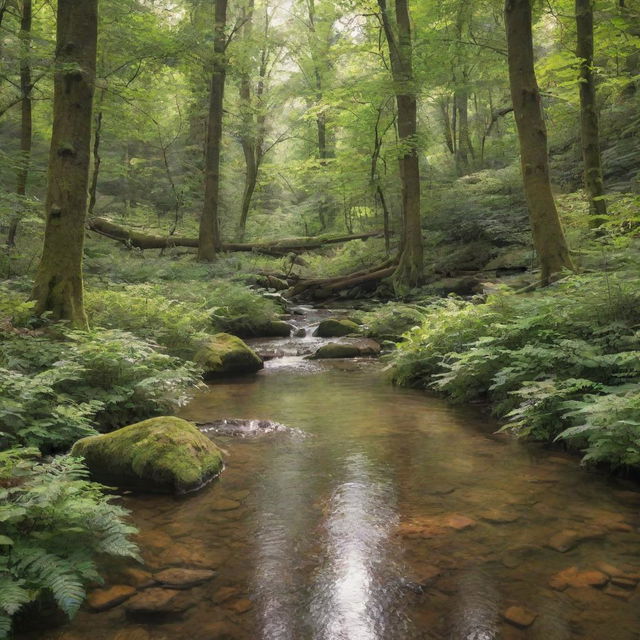 A serene forest glade bathed in soft daylight, complete with dense foliage, towering trees, and a sparkling stream