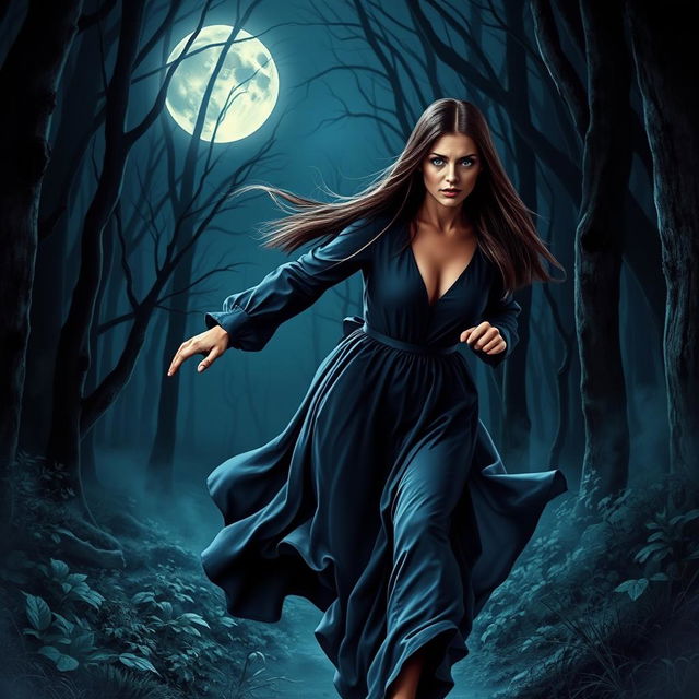 A romantic fantasy book cover featuring a brunette woman with long, straight hair and striking blue eyes, running alone through a dark, enchanted forest at night