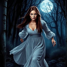 A romantic fantasy book cover featuring a brunette woman with long, straight hair and striking blue eyes, running alone through a dark, enchanted forest at night