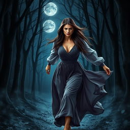 A romantic fantasy book cover featuring a brunette woman with long, straight hair and striking blue eyes, running alone through a dark, enchanted forest at night