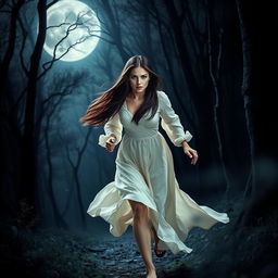 A romantic fantasy book cover featuring a brunette woman with long, straight hair and striking blue eyes, running alone through a dark, enchanted forest at night