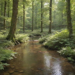 A serene forest glade bathed in soft daylight, complete with dense foliage, towering trees, and a sparkling stream